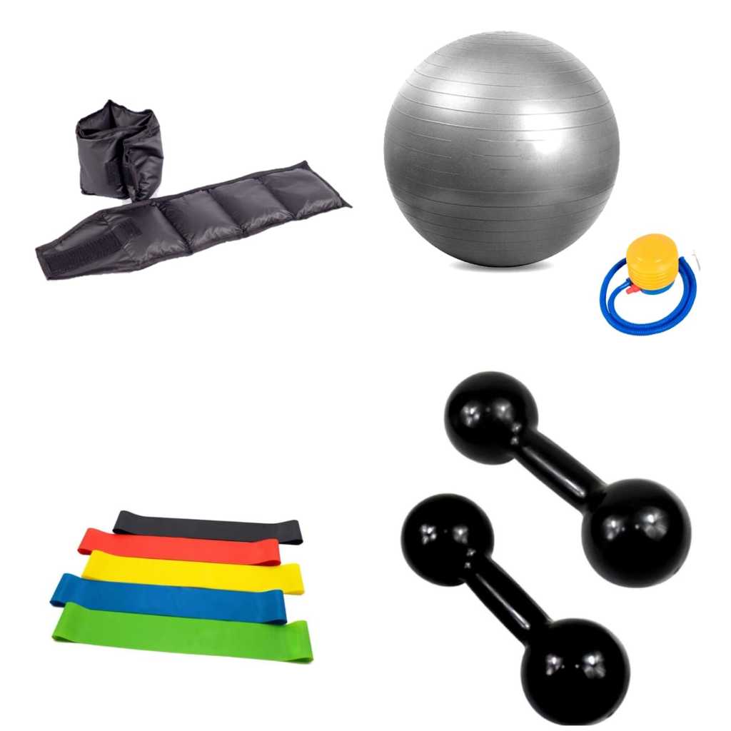 Kit Fisioterapia Completo: Halteres 2kg Preto + Caneleira 2kg + Bola Pilates + Mini Band