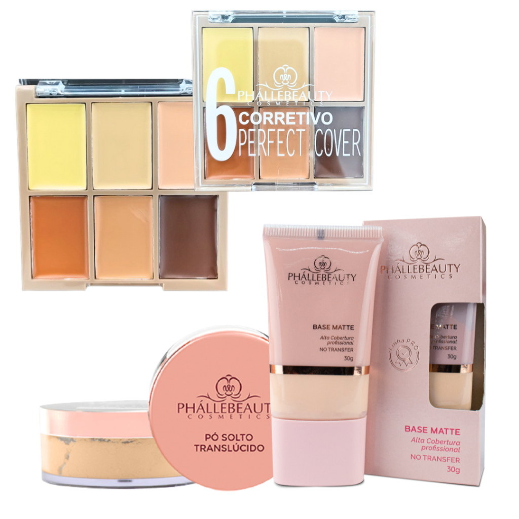 Kit Base Matte + Pó Translúcido + Paleta de Corretivos Perfect Cover PhálleBeauty PH5008 em Oferta na Shopee