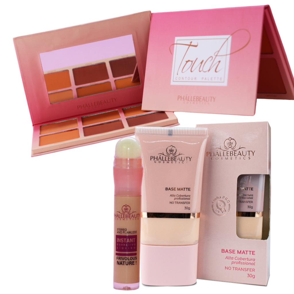 Kit Base Matte + Corretivo Instant PH5005 + Paleta de Contorno Touch PH7005 PhálleBeauty