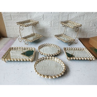 bandejas espelhadas kits com 6 peças modelo luxo pedrarias ou pérolas em Oferta na Shopee