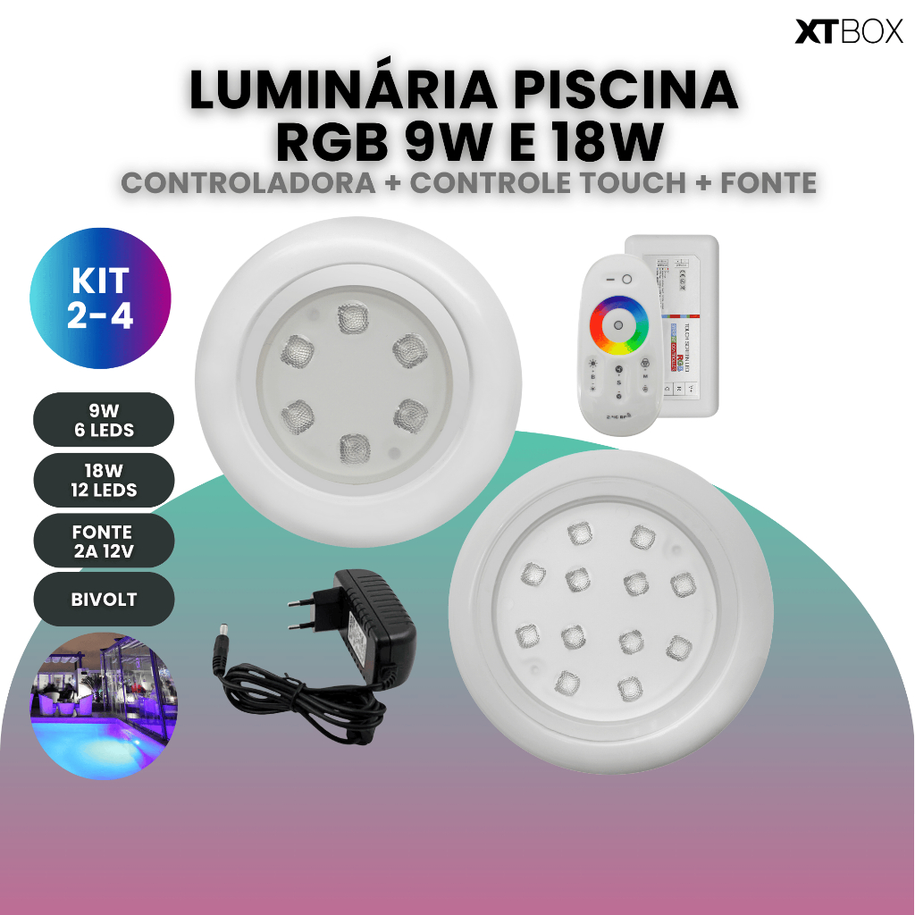 Kit 2 Kit 4 Luminária 18w ou 9w Piscina + Módulo Rgb Com Fonte 12leds ou 6leds em Oferta na Shopee