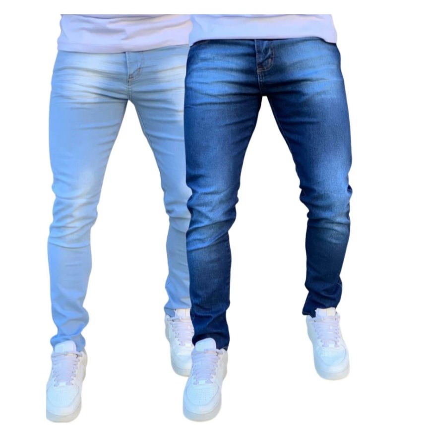Kit Calças Jeans Masculina Skinny Com Lycra Elastano Linha Premium Azul Claro e Azul Escuro