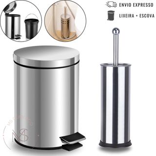 Lixeira Inox + Escova Sanitária Inox Cesto Removível e Pedal