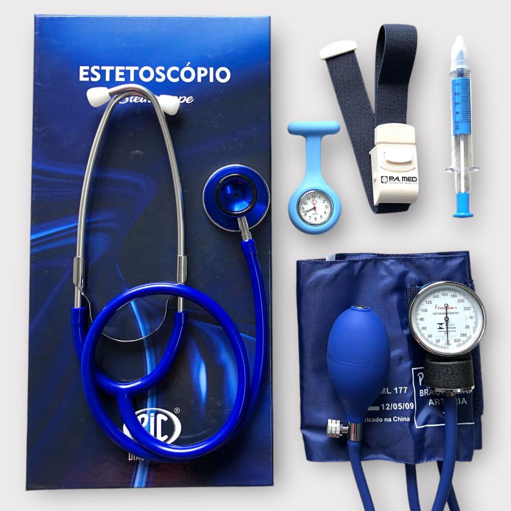 Kit de enfermagem bronze azul para estágio estetoscópio + esfigmomanômetro, relogio, garrote caneta