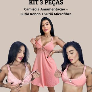 KIT Amamentação 3 Peças Camisola Com Detalhes em Renda + Sutiã MICROFIBRA + Sutiã RENDA. em Oferta na Shopee