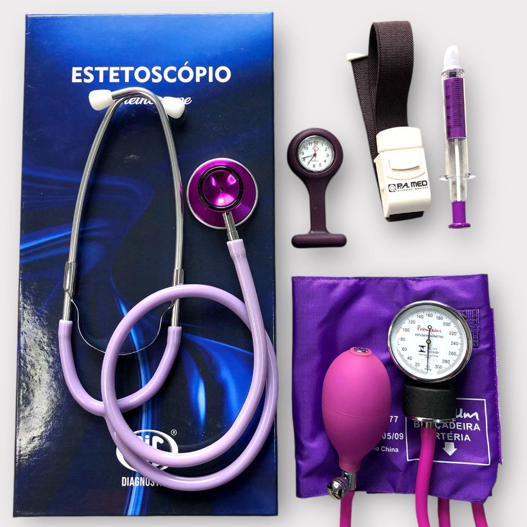 Kit de enfermagem bronze ROXO para estágio estetoscópio esfigmomanômetro, relogio garrote caneta
