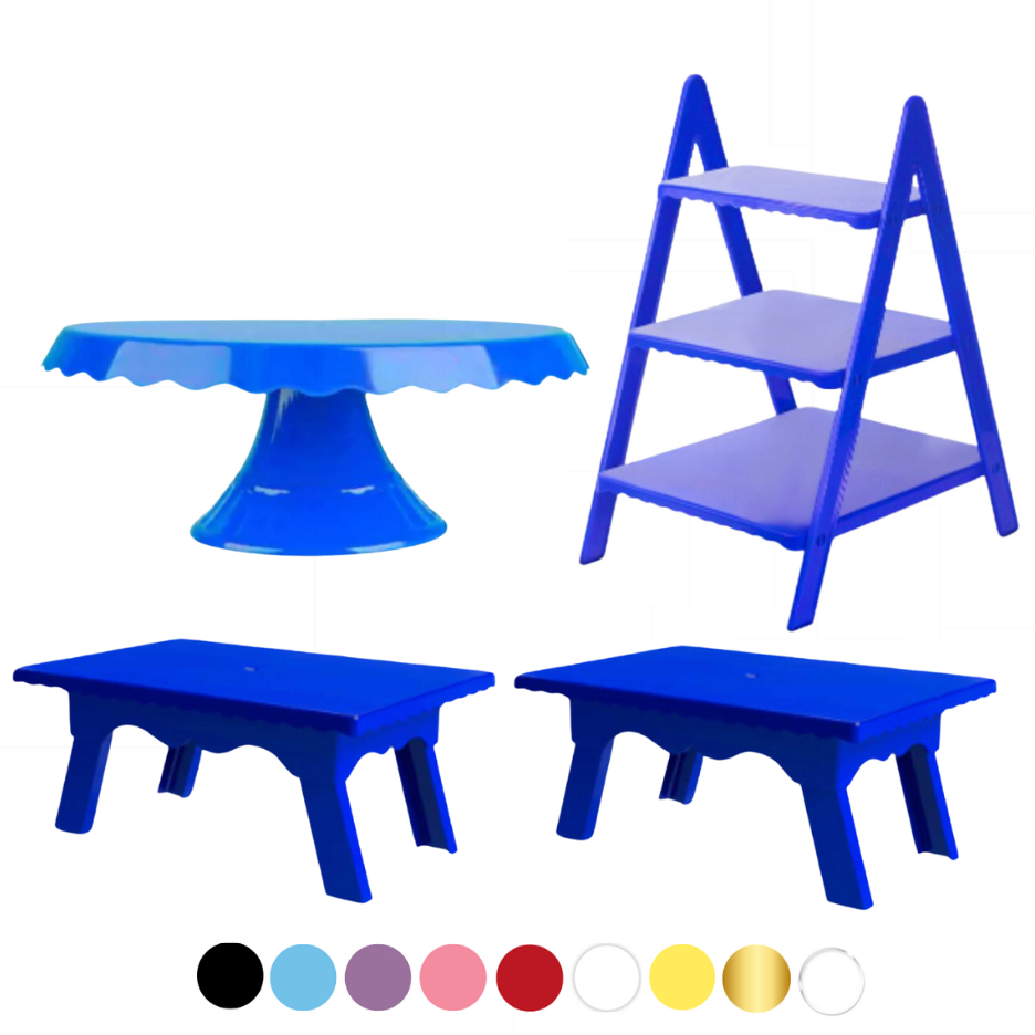 Kit Decoração 1 Boleira Slim + 1 Escadinha + 2 Mesinha Para Doces Lembrancinha Suporte de Bolo