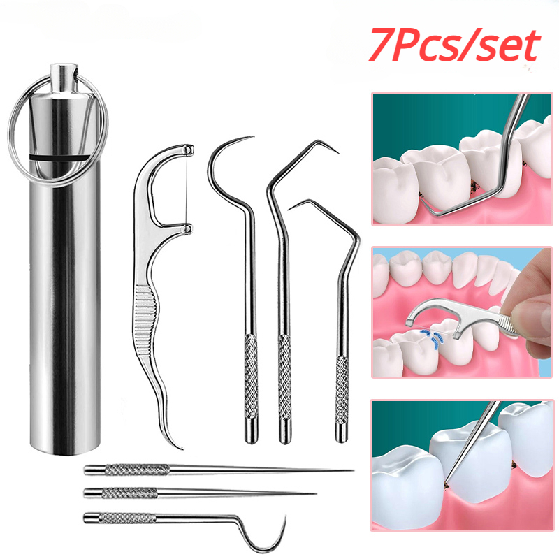 Kit 7Pcs De Palitos De Dente De Aço Inoxidável Reutilizáveis Portáteis Ferramenta De Limpeza Oral