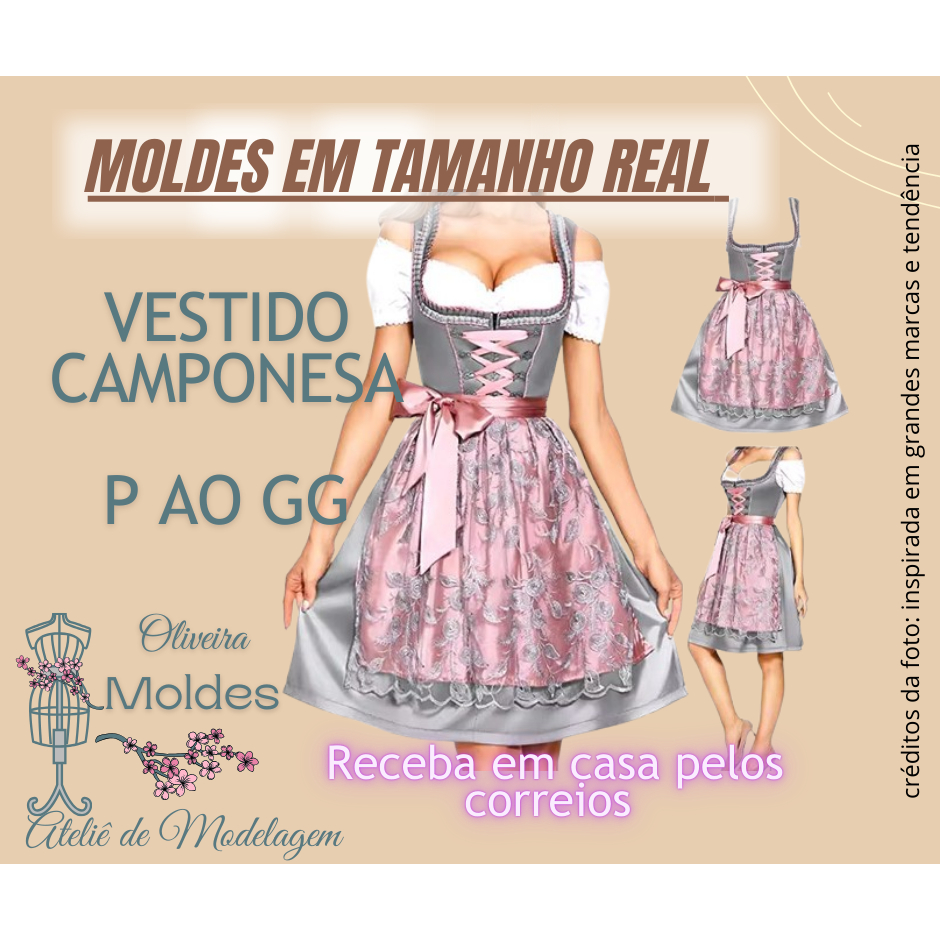 MOLDE VESTIDO CAMPONESA, IMPRESSO EM TAMANHO REAL P AO GG, EM PAPEL 75g