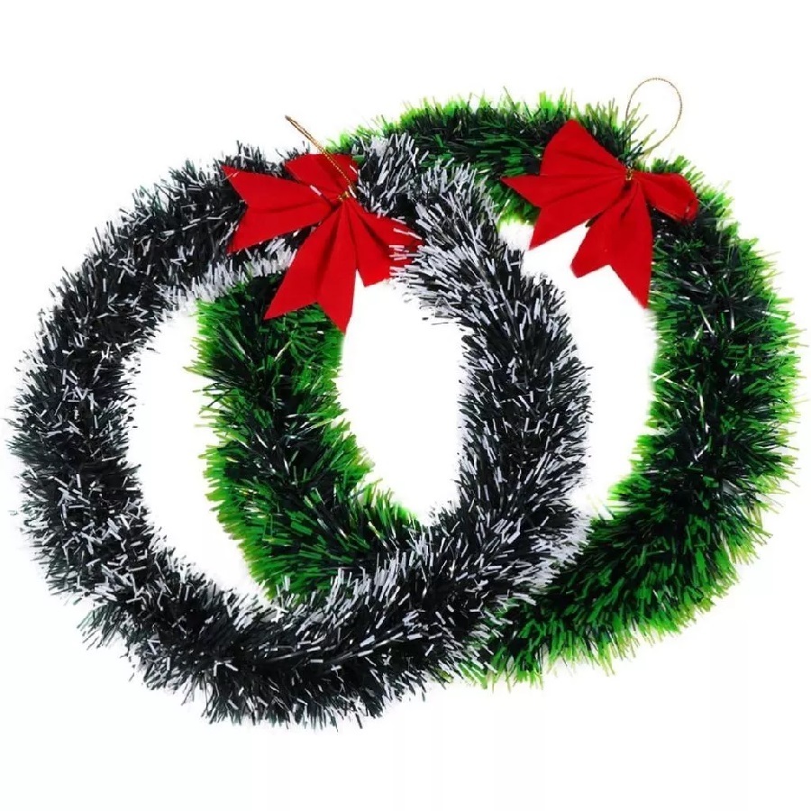 Guirlanda Festão Nevada Verde Ou Verde  25Cm Para Porta Com Laço Vermelho Enfeite De Natal Decoração Natalina