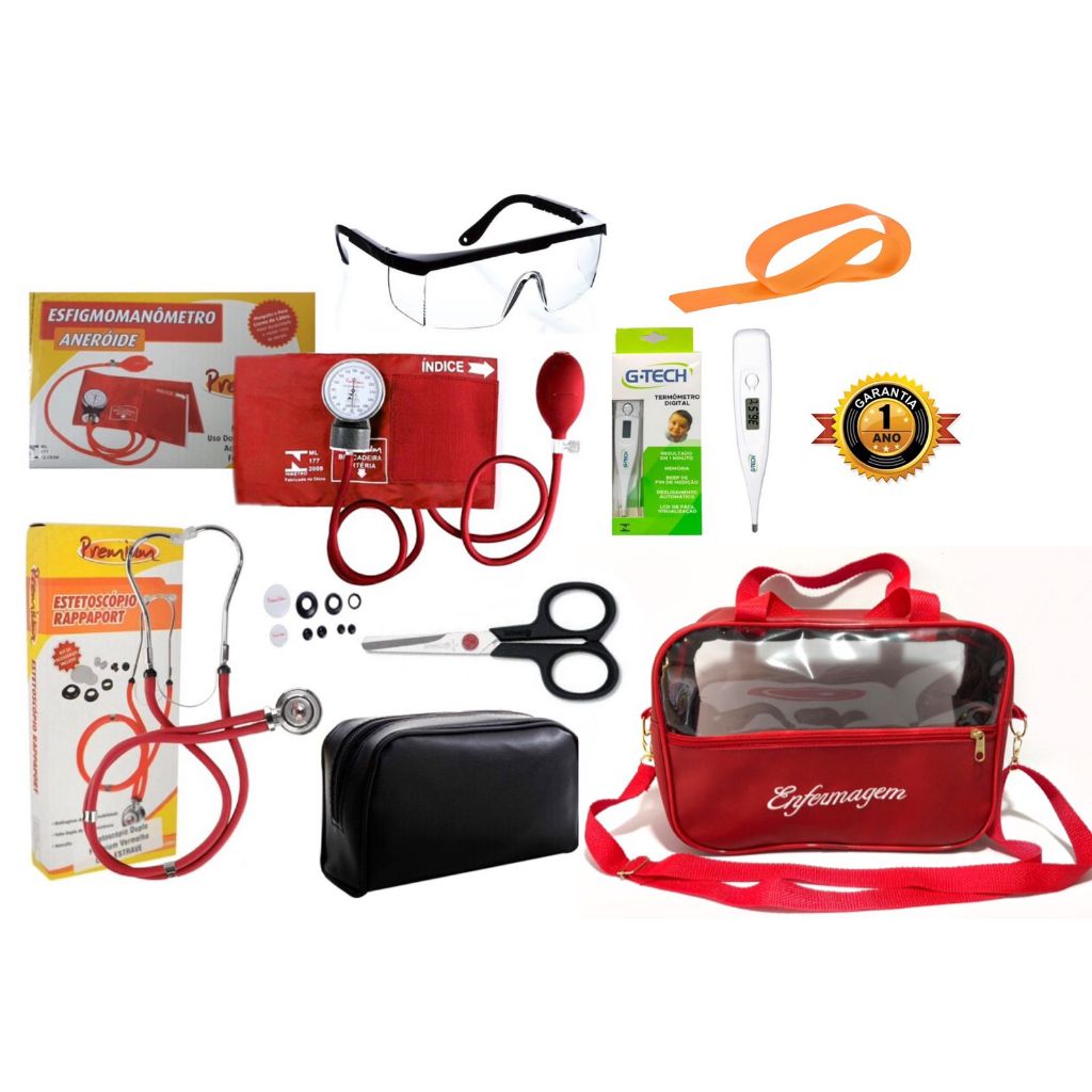 kit de enfermagem vermelho com aparelhos de pressão premium e bolsa transversal com alça tiracolo