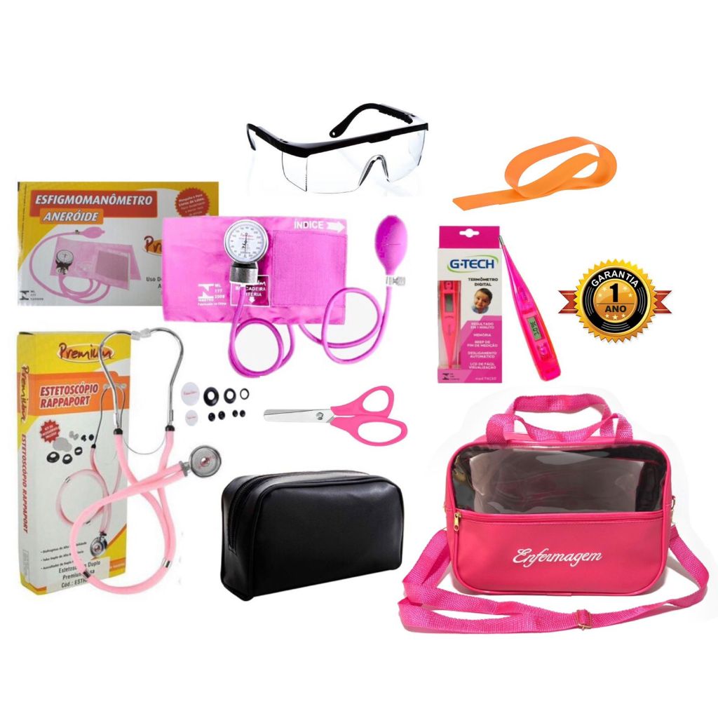 kit enfermagem cor rosa para estágio kit completo com bolsa transversal, enfermagem fisioterapia