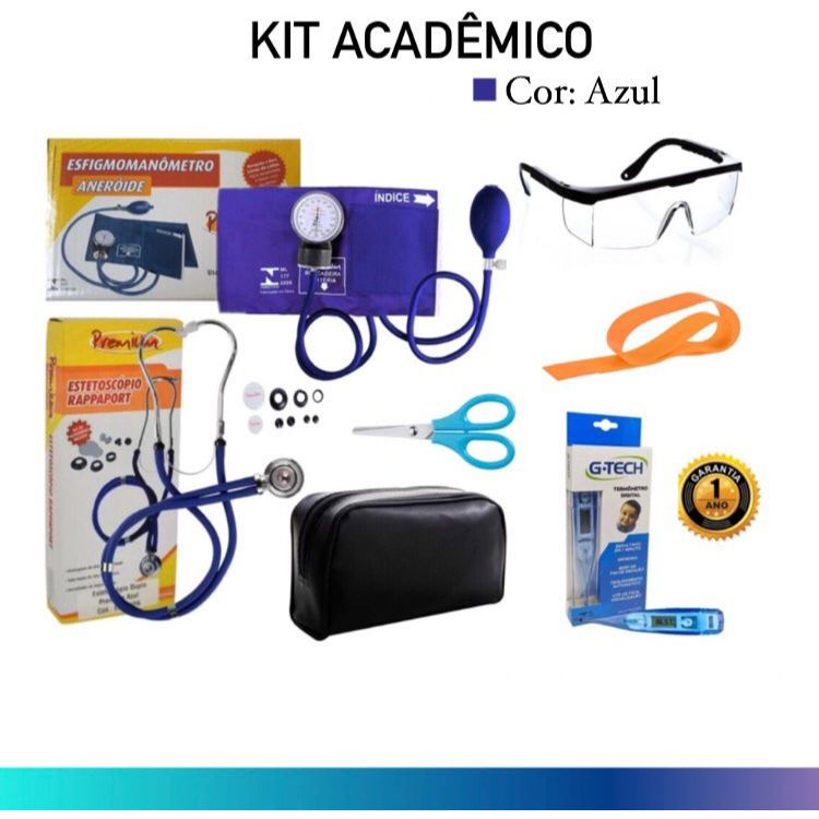 Kit Enfermagem Acadêmico Azul Profissional Com Estetoscópio Rappaport Duplo Adulto Pediátrico