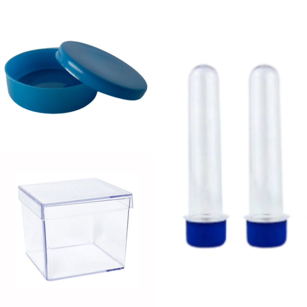Combo 30 Lembrancinhas Plástica E Acrílica - O kit Possui 10 Tubetes 13 Cm - 10 latinhas 5x1 - 10 Caixinha 5x5
