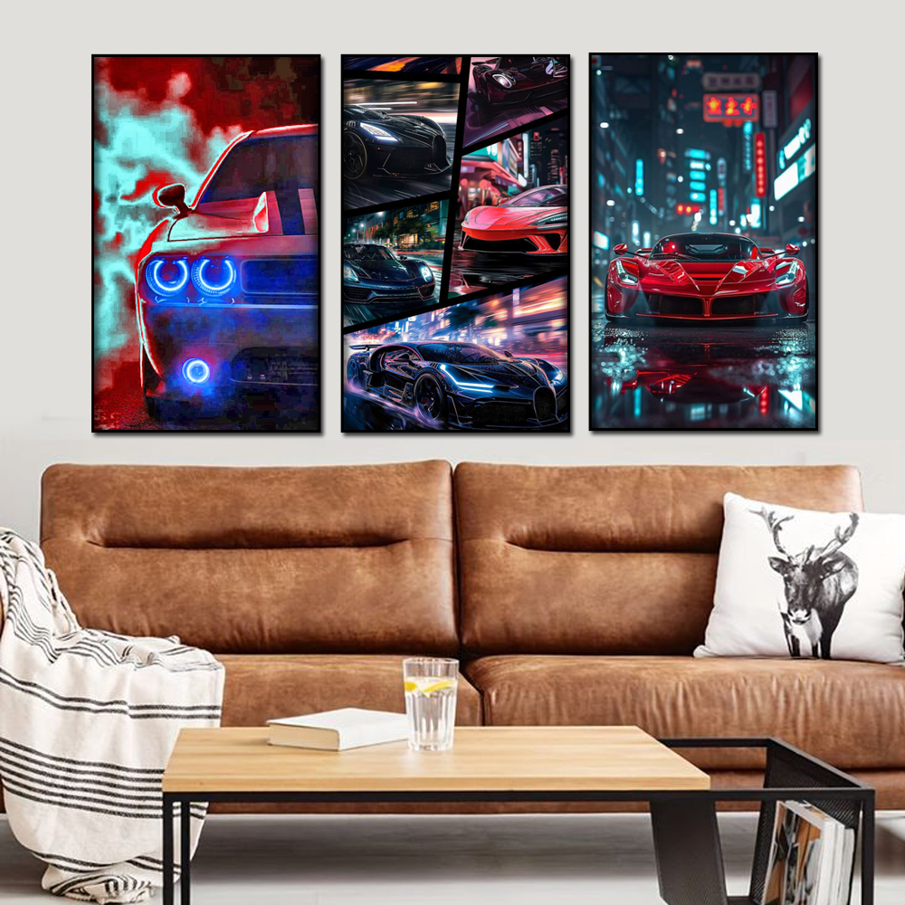 QUADRO DECORATIVO 3 PEÇAS AUTO CARROS PEÇAS FERRARI NEON DECORAÇÃO BRILHANTE MDF 4K FULL HD