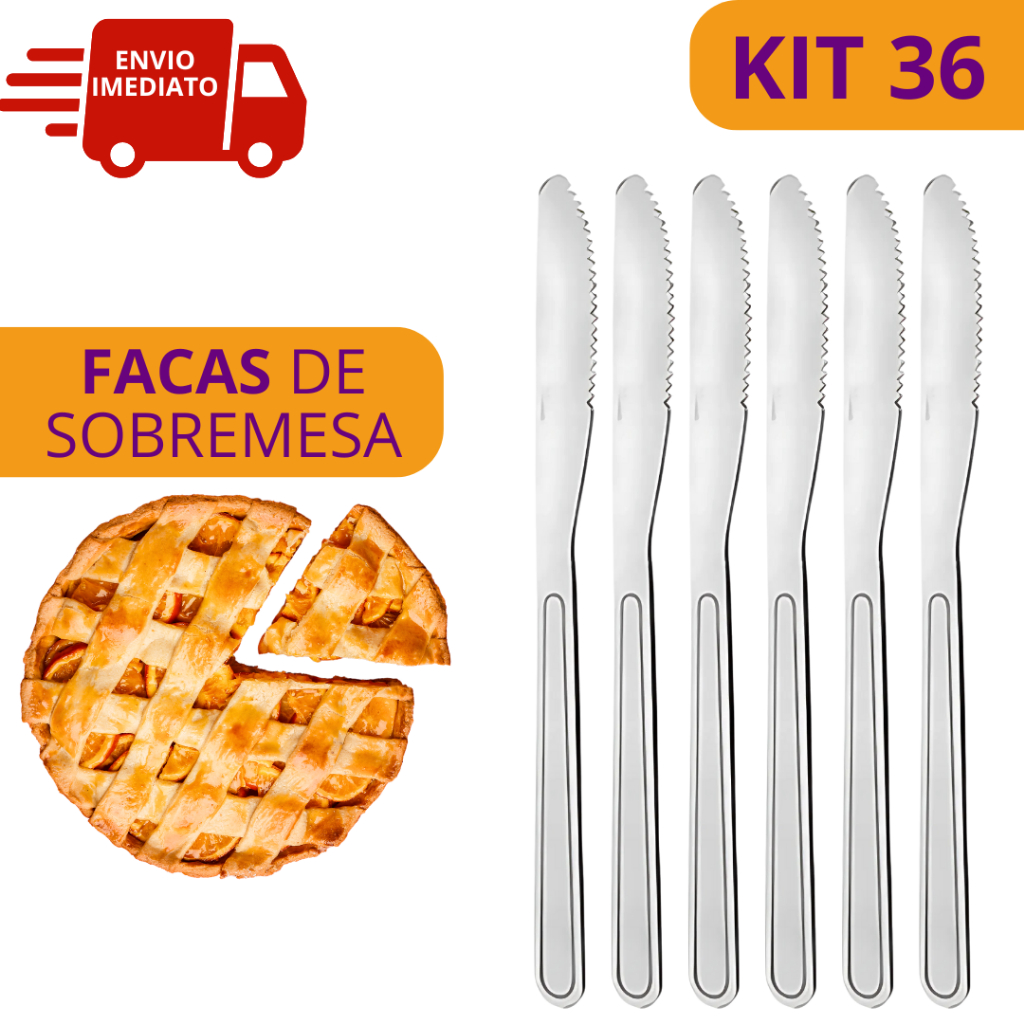 Jogo 36 Facas de Sobremesa Inox com Serrinha Conjunto Facas Para Tortas Bolos Salgados Kit Facas
