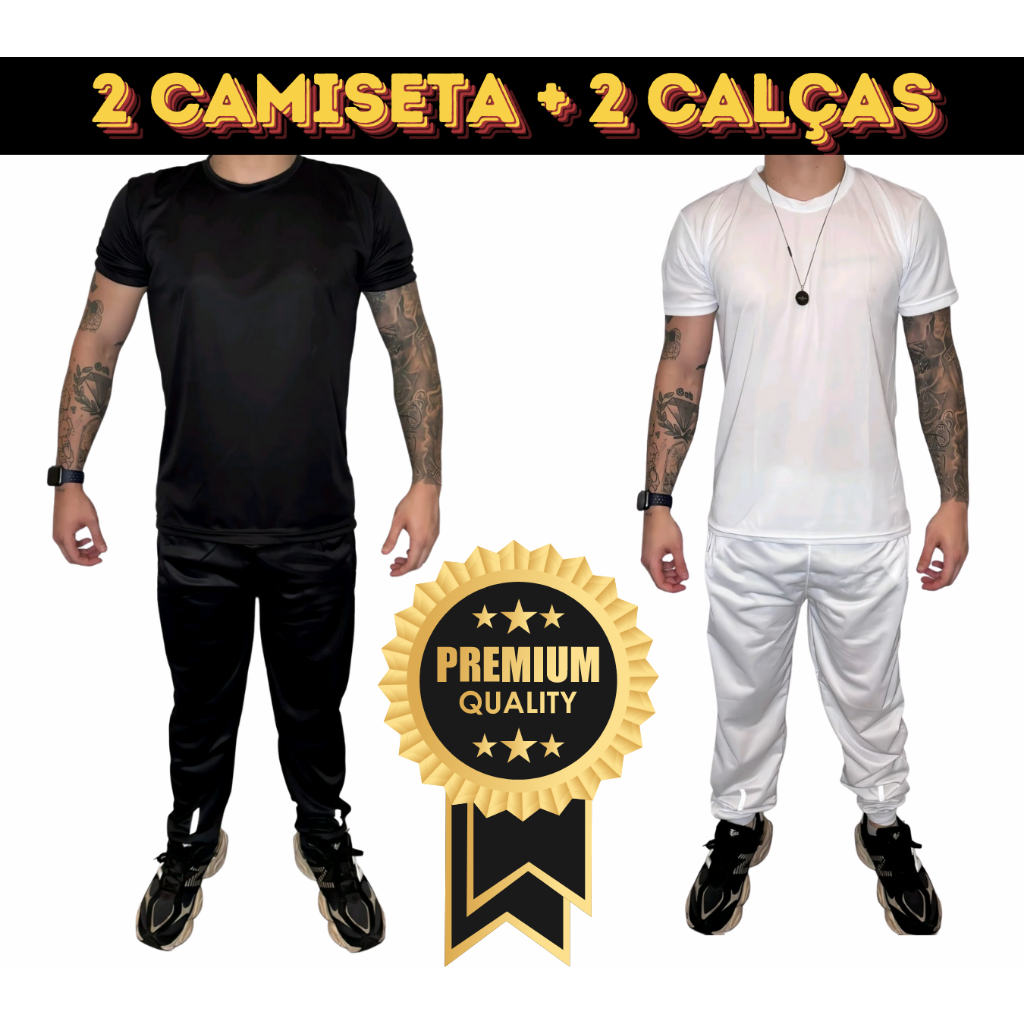 Kit 2 Calca Tactel preta e branca e 2 Camiseta Poliester Branca Manga Curta