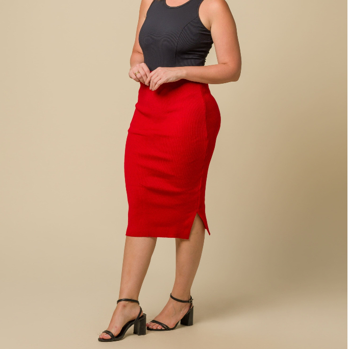 Saia Midi Tricô Tricot com Elasticidade Fenda Lateral Canelado em Oferta na Shopee