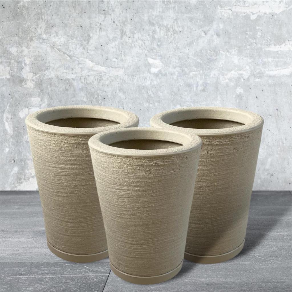 Kit 3 Vasos de Plantas Decorativo Polietileno Coluna Redonda Cone Texturizados Nº1 Com Prato