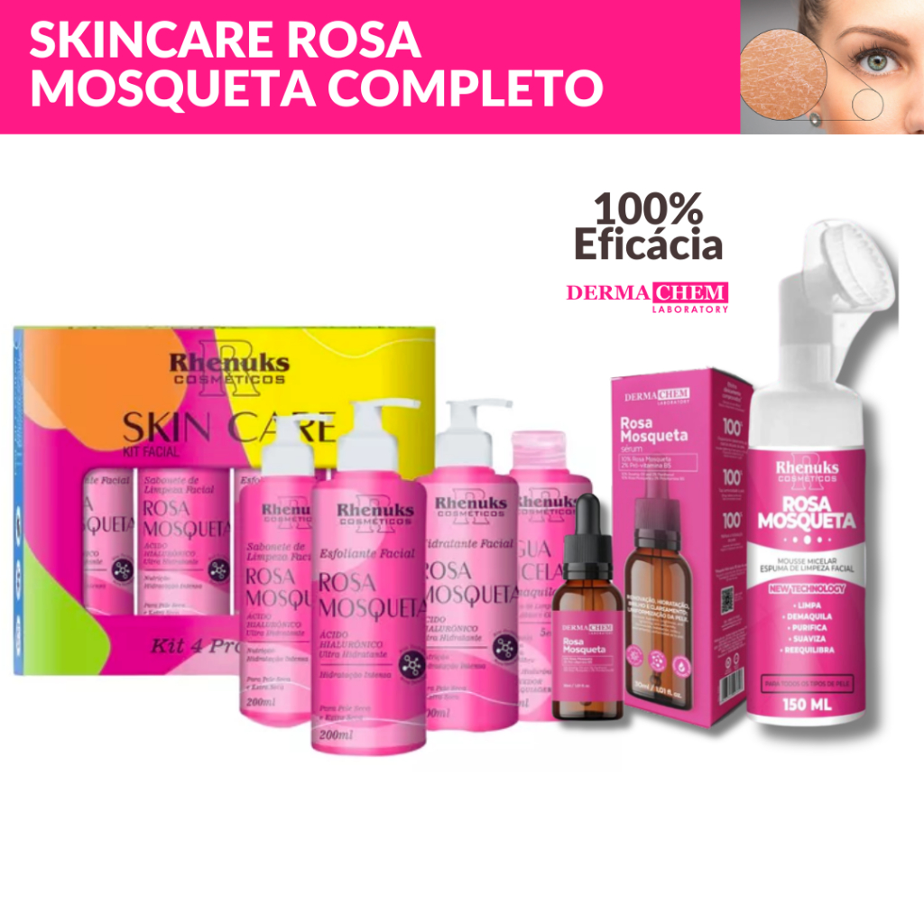 Kit Skincare Rosa Mosqueta Rhenuks+Sérum Rosa Mosqueta Clareador+Mousse Micelar Rosa Rhenuks-6 Itens
