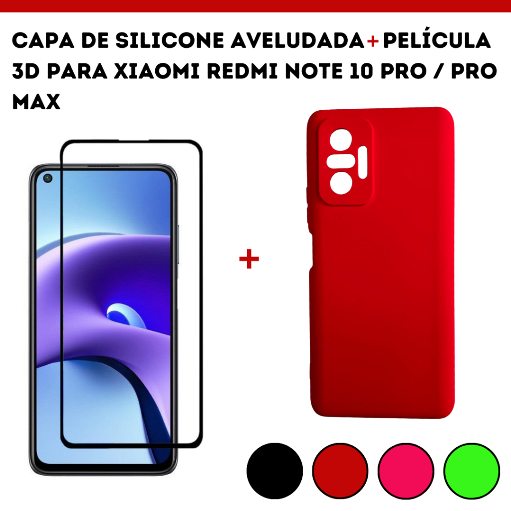 Kit Para Xiaomi Redmi Note 10 Pro/Pro Max/Capa de Silicone Aveludada+Película de Vidro 3D/Capinha Tela Inteira CM15/KT02