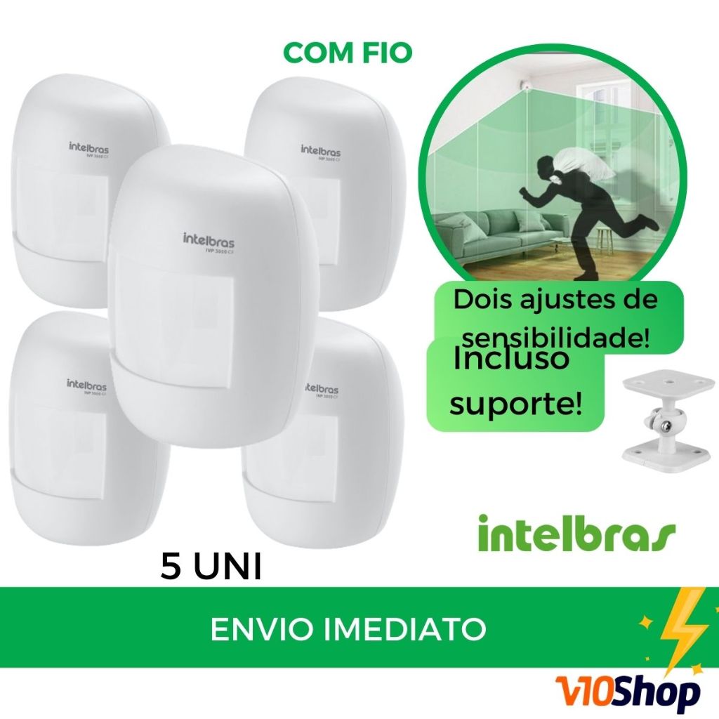 5 Sensor Movimento Com Fio IVP 3000 CF para Central Alarmes Infravermelho Intelbras