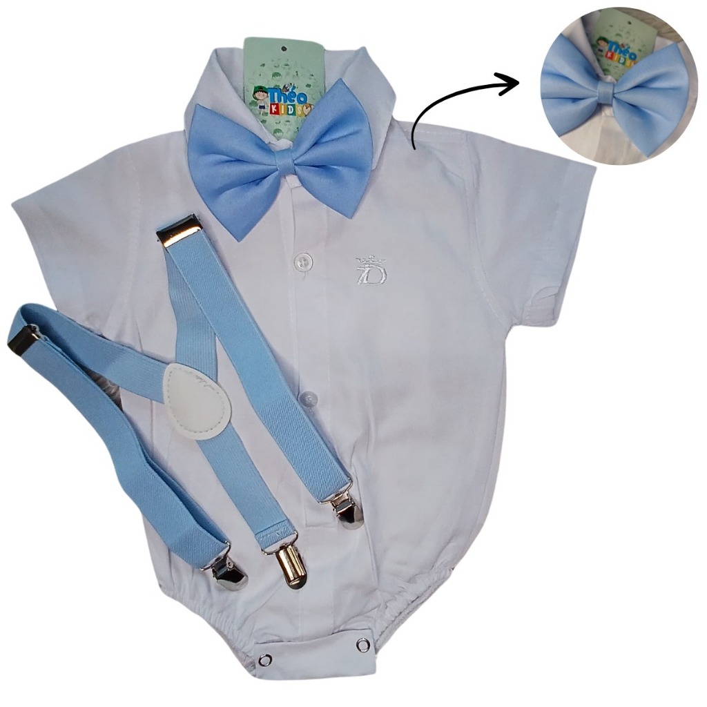 Boby Camisa  Manga curta Social Bebe Branca Com Suspensório e Gravata Borboleta casamento Batizado  Festa