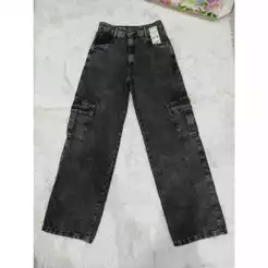 Calça jeans feminina cargo de wide leg de cintura alta com mamorizada grafite