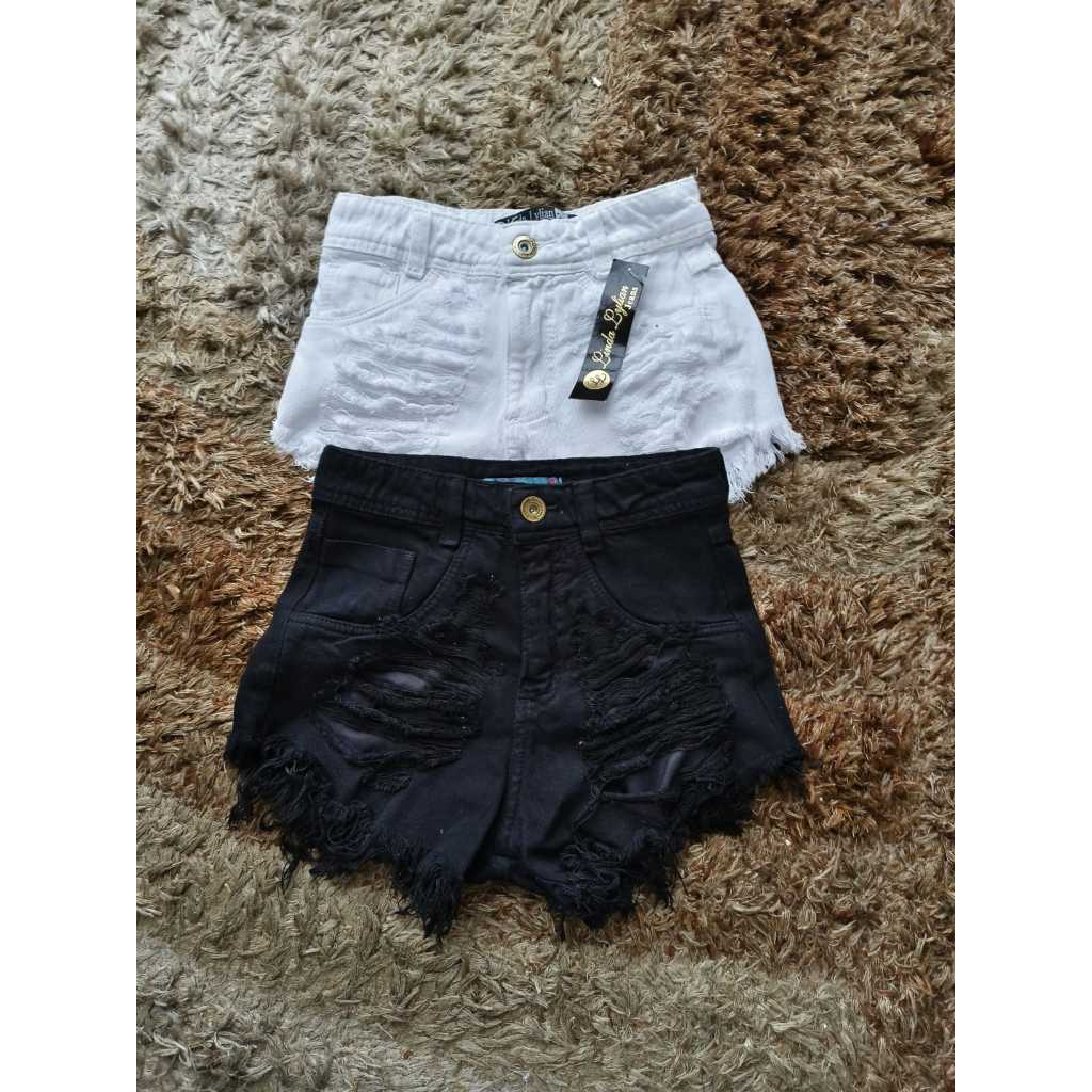 Kit 2 short jeans feminina de cinura alta com rasgada