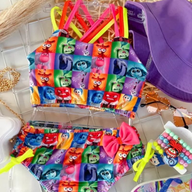 Biquíni infantil divertidamente moda praia infantil juvenil tendência verão personagens divertidamente blogueirinha