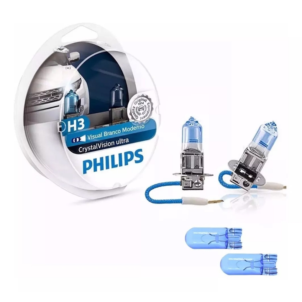 Par Lampada H3 Philips Crystal Vision Ultra 55w + 2 Pingos