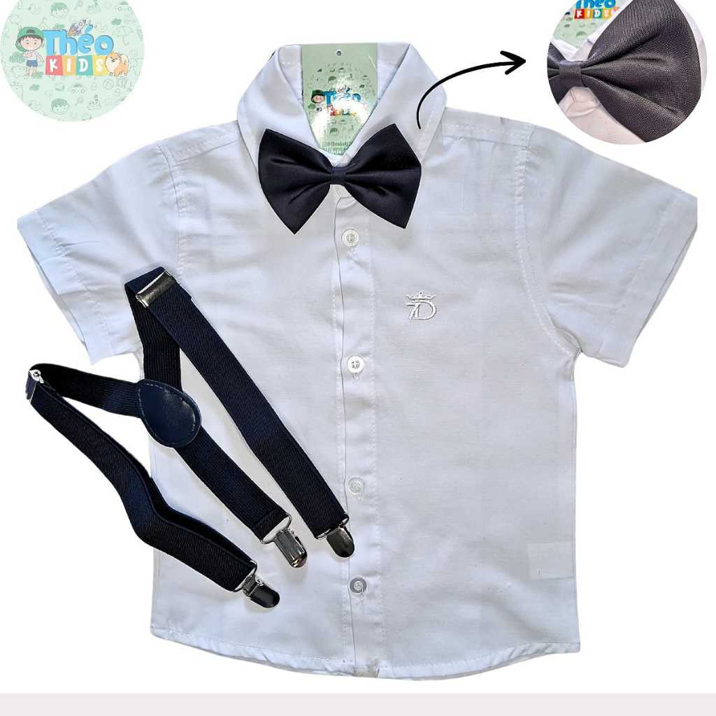 kit  Camisa Social Manga Curta Bran + Suspensório e Gravata Borboleta Batizado Formatura  Casamento Pajem