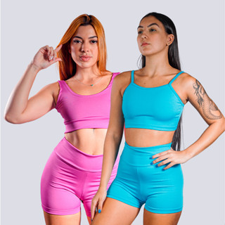 KIT 2 CONJUNTOS ACADEMIA FEMININO TOP E SHORT CINTURA ALTA EM SUPLEX - Várias Cores