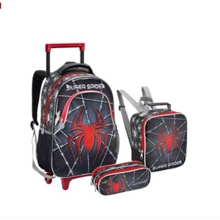 Kit 3pçs Mochila Masculina Infantil Menino Super Spider Mochila Roda Gel+ Lancheira Térmica +Estojo