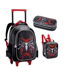 Kit 3pçs Mochila Carrinho Roda Gel Estojo + Lancheira Térmica Escolar Masculina Infantil Spider Completa- Seanite