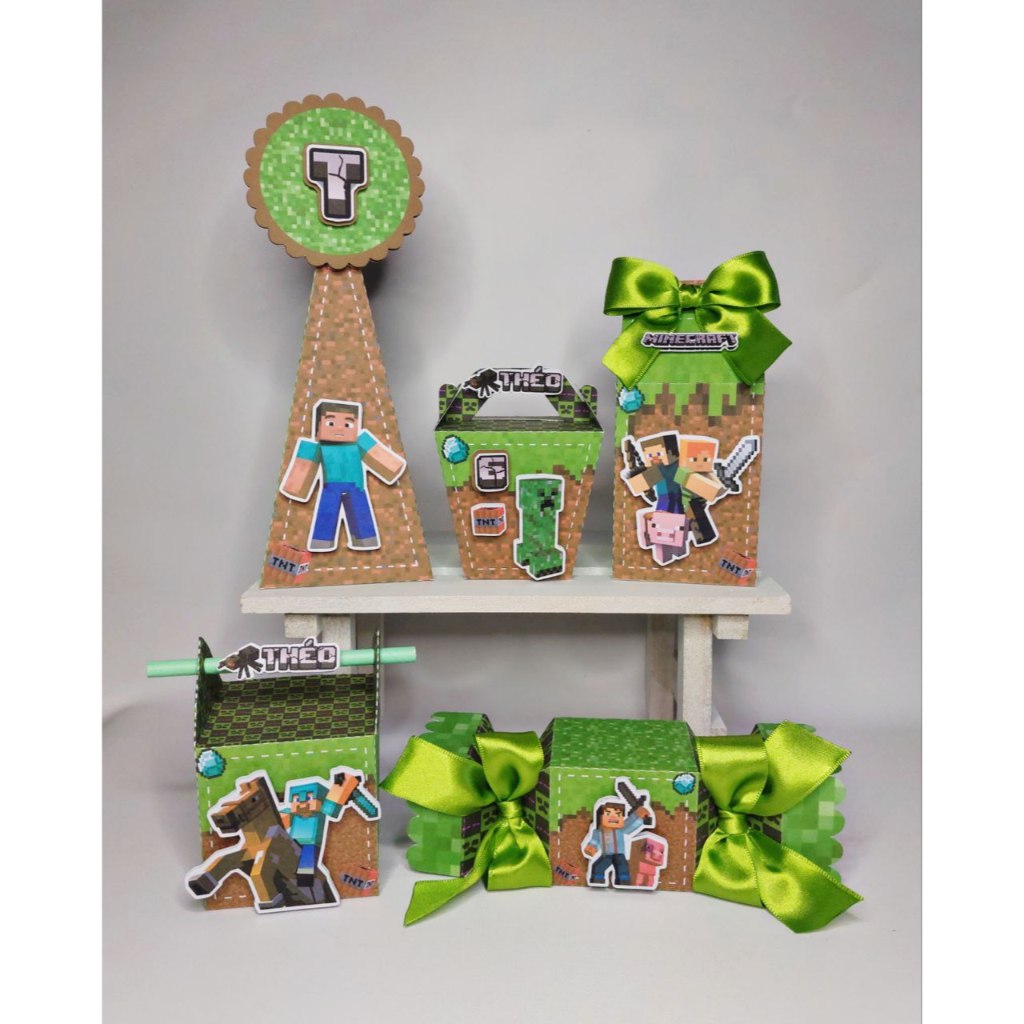 Kit Festa Aniversário Minecraft com 60 ou 80 Peças - Lembrancinhas - Caixinhas Personalizadas - Papelaria Personalizada