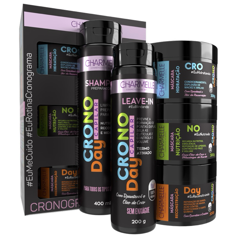 KIT CRONOGRAMA CHARMELLE COSMÉTICOS 5 ITENS CRONODAY CAPILAR HIDRATAÇÃO NUTRIÇÃO E RECONSTRUÇÃO