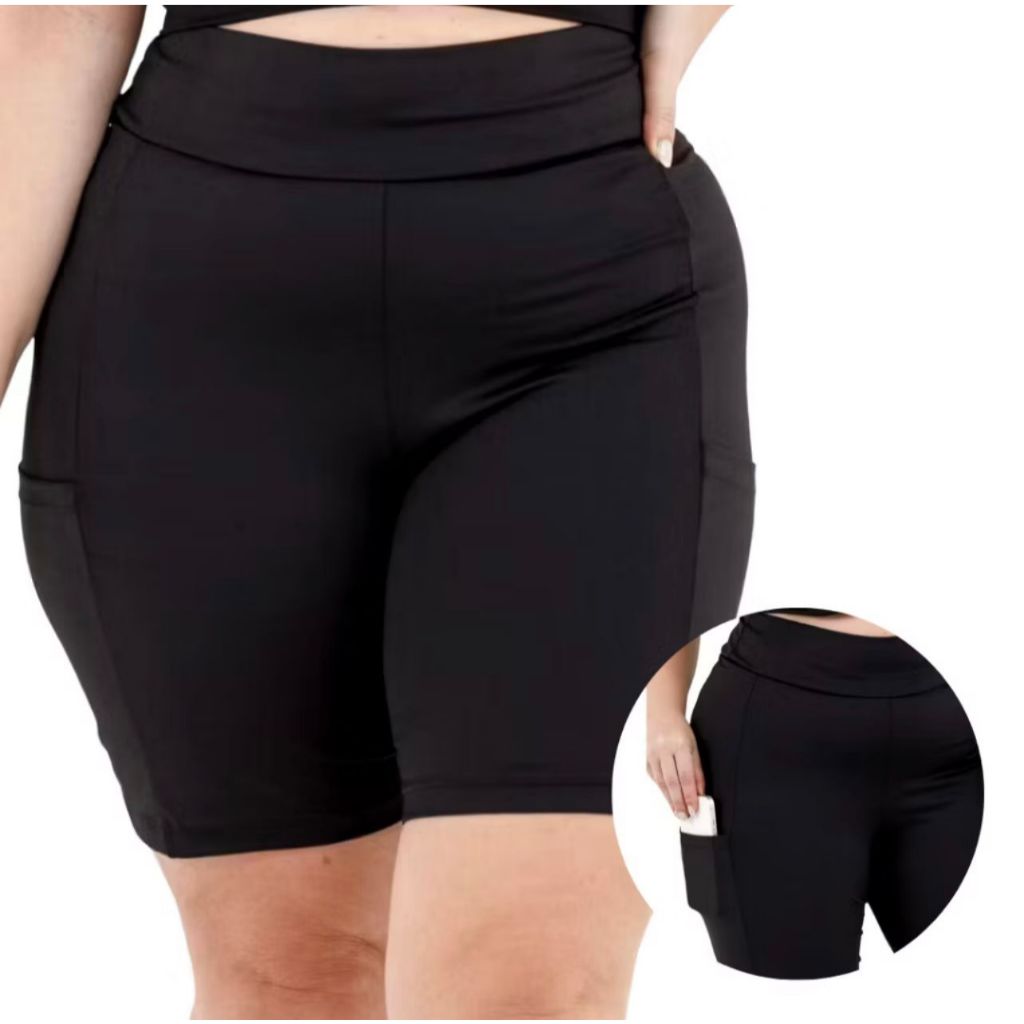 Shorts Bermuda Com Bolso Plus Size Suplex Cintura Alta Academia em Oferta na Shopee