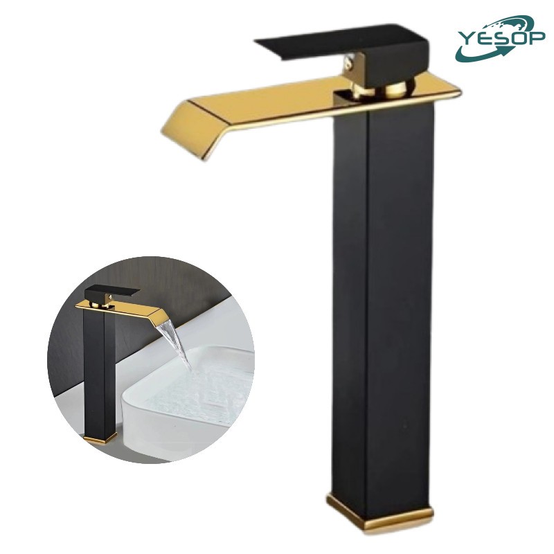 YESOP Torneira Cascata Banheiro Monocomando Alta Misturador Cuba de Apoio Luxo Preto e Dourado em Oferta na Shopee