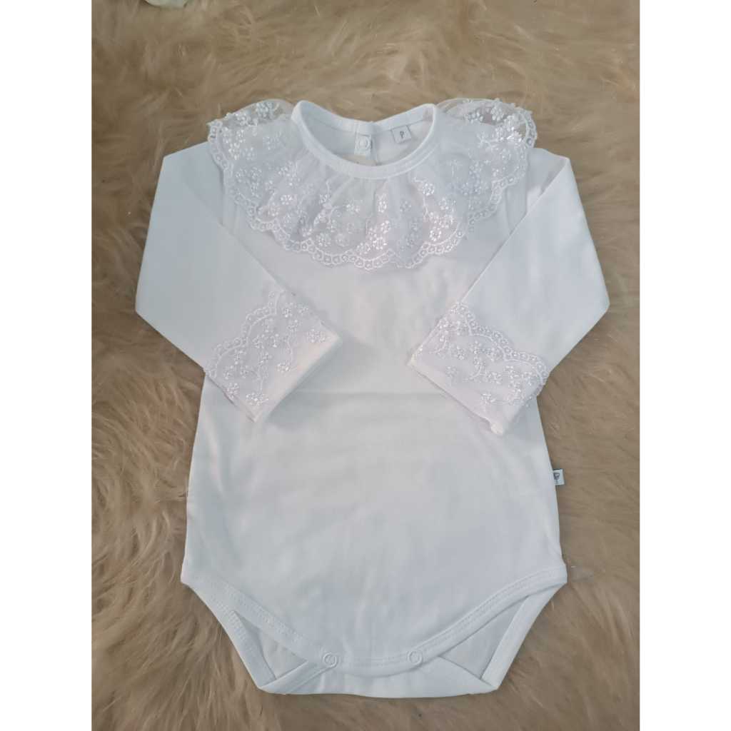 Body Bebê Luxo Com Gola Renda Para Bebê 100% Algodão Menina