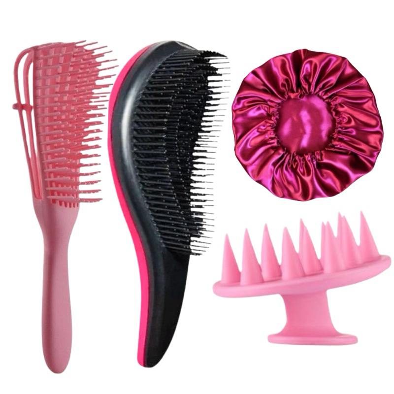 Escova de Cabelo Polvo + Escova de Cabelo Mágica + Escova Massageadora de Coro Cabeludo + Touca de Cetim para Dormir