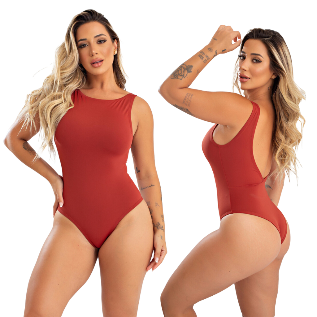Body Maiô Liso Moda Praia Poliamida Costa Nua Decote em V Sem Bojo Alça Larga MAYU Modas Forro Duplo
