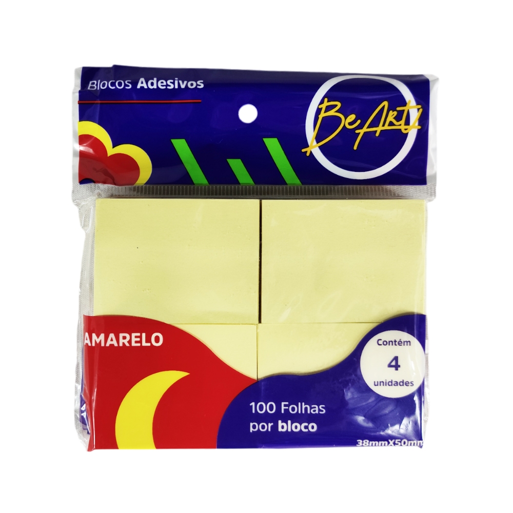 Kit 4 Bloco Adesivo 38x50mm Amarelo C/100fls Cada = 400folhas