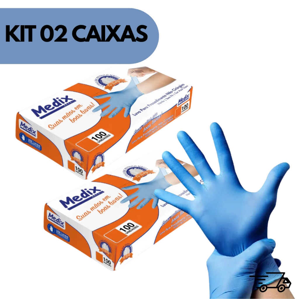 Kit 02 Luvas Nitrílicas Descartável Azul Sem pó Resistente 200 unidades