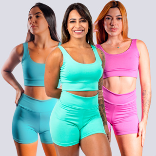 Kit 3 Conjuntos Fitness Short e Top Academia Cintura Alta Suplex em Oferta na Shopee