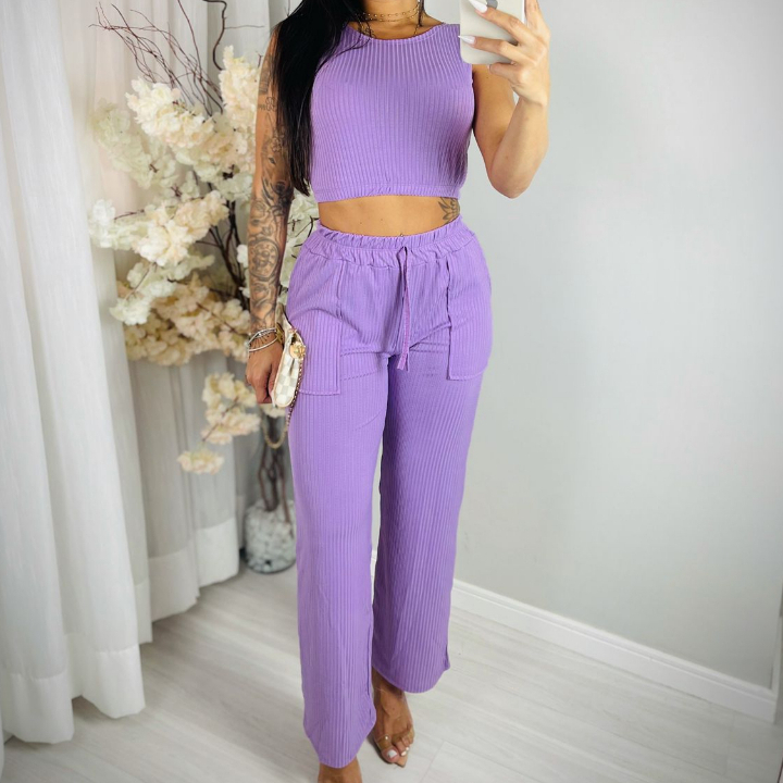 Conjunto Calça Flare + Cropped com Elástico na Barra