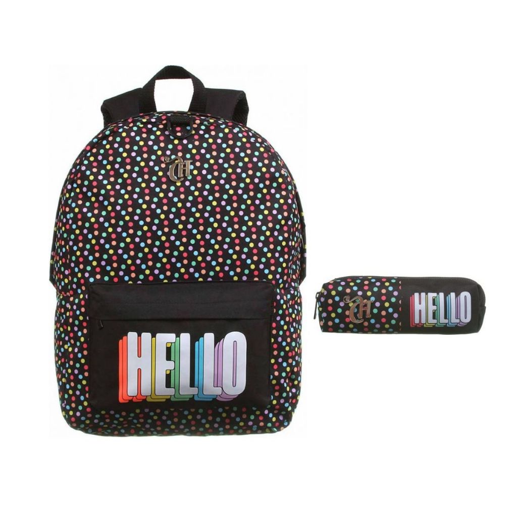 Kit Mochila + Estojo Capricho Hello Preta com Poá Colorido Ref: 11913 e 11914 DMW