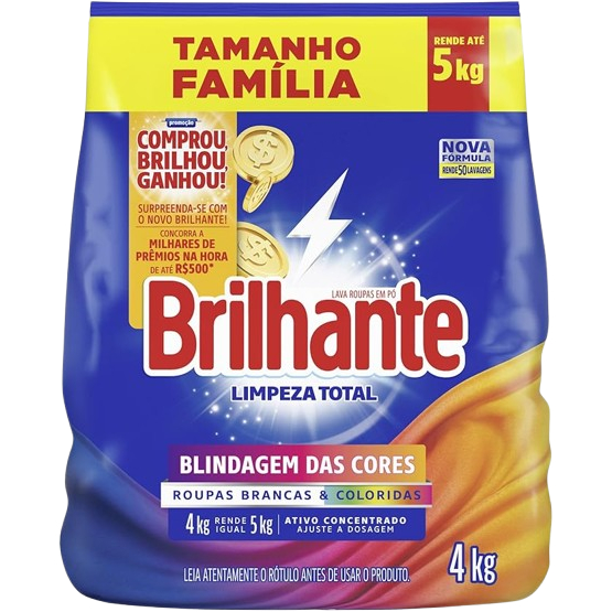 Brilhante Lava Roupas Em Pó Roupas Brancas E Coloridas Limpeza Total Pacote Tamanho Família 4 Kg em Oferta na Shopee