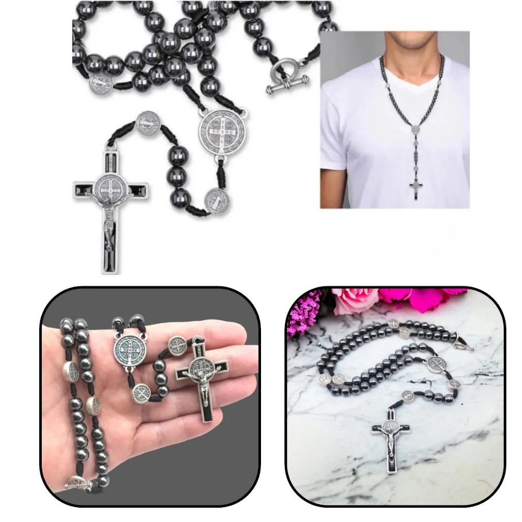 COLAR TERÇO MASCULINO HEMATITA SÃO BENTO NO CORDÃO COM CRUZ