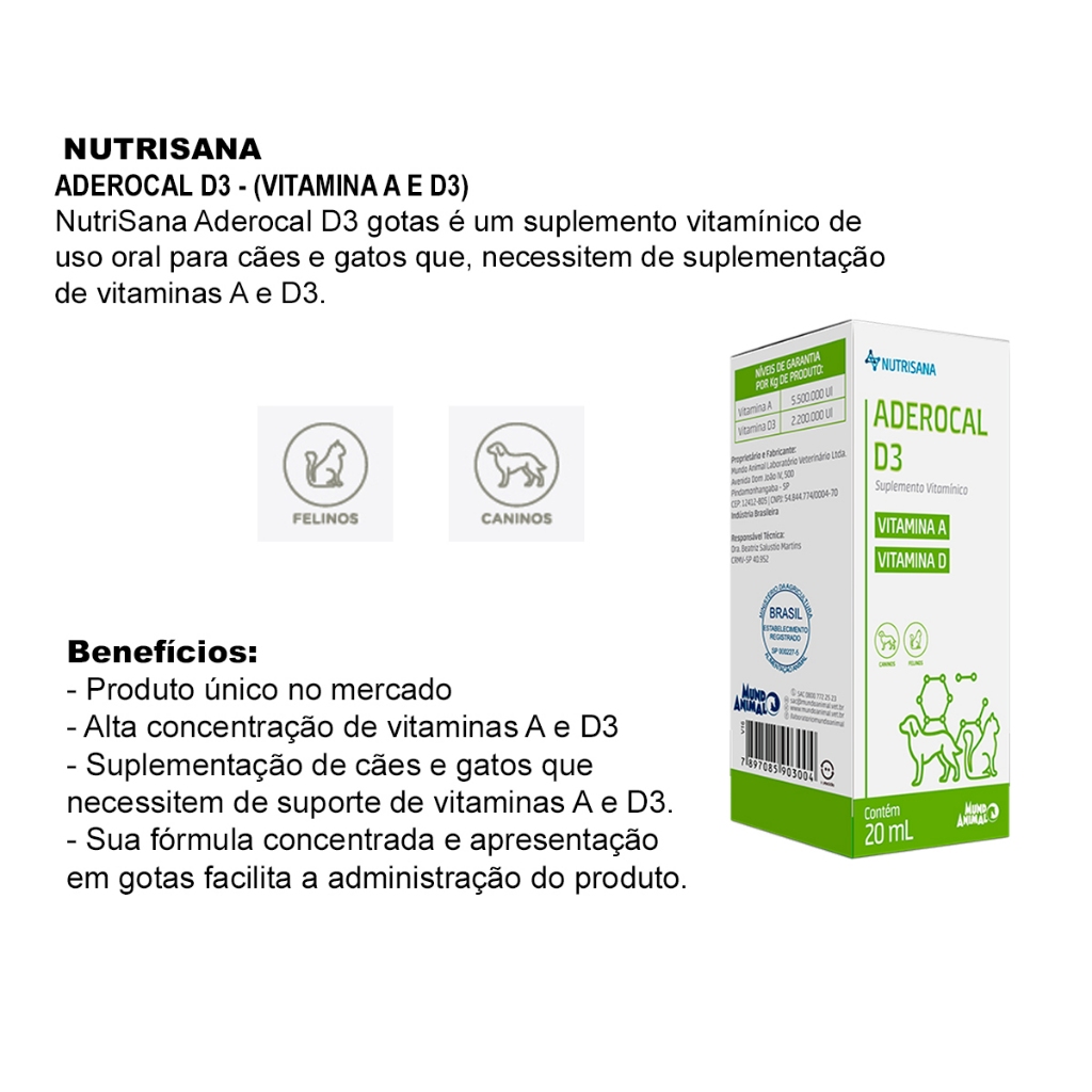 Detalhes do Suplemento Vitamínico Cães/gatos Nutrisana Aderocal D3 20 Ml